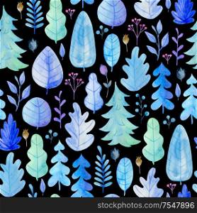 Watercolor floral seamless pattern with blue leaves and fir tree on a black background.