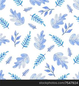 Watercolor floral seamless pattern with blue oak leaves and fir tree. Hand drawn winter nature background