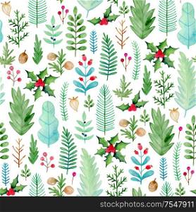 Watercolor floral seamless pattern with evergreen plants. Hand drawn winter nature background with green leaves and fir branches