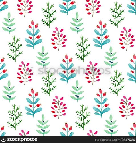 Watercolor floral seamless pattern with evergreen plants. Hand drawn winter nature background with green leaves and red berries