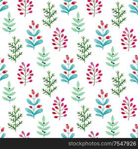 Watercolor floral seamless pattern with evergreen plants. Hand drawn winter nature background with green leaves and red berries