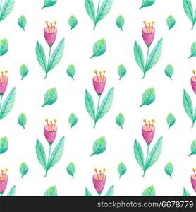 Watercolor floral seamless pattern with pink flowers and green leaves. Hand drawn nature background