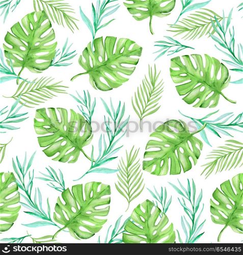 Watercolor floral summer tropical seamless pattern with green palm leaves on a white background. Watercolor floral summer tropical seamless pattern