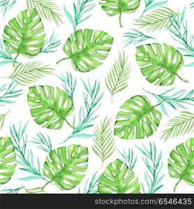 Watercolor floral summer tropical seamless pattern with green palm leaves on a white background. Watercolor floral summer tropical seamless pattern