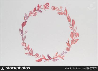 Watercolor floral wreath hand painted illustration. Natural frame with leaves and flowers. Isolated on white background. Save the date wedding design greeting card