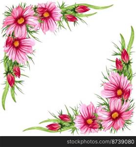 Watercolor floral wreath with cosmos flowers, leaves, foliage, branches, fern leaves and place for your text. Perfect for wedding invitations, greeting cards. Angled wildflowers frame. Watercolor floral wreath with cosmos flowers, leaves, foliage, branches, fern leaves and place for your text. Perfect for wedding invitations, greeting cards. Angled wildflowers frame.