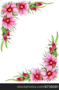 Watercolor floral wreath with cosmos flowers, leaves, foliage, branches, fern leaves and place for your text. Perfect for wedding invitations, greeting cards. Angled wildflowers frame.