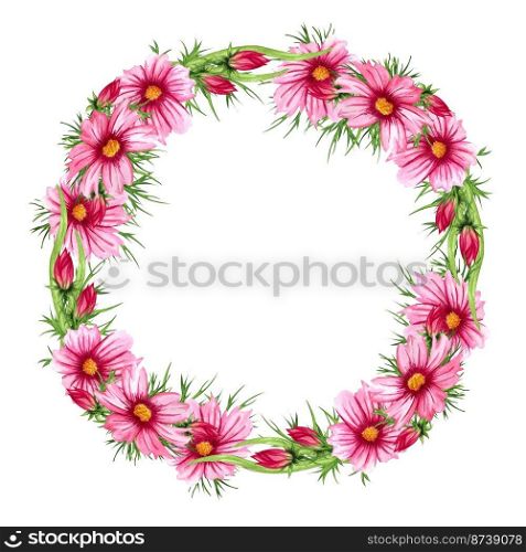 Watercolor floral wreath with cosmos flowers, leaves, foliage, branches, fern leaves, place for your text. Perfect for wedding, invitations, greeting cards, print. Round autumn&rsquo;s wildflowers frame.