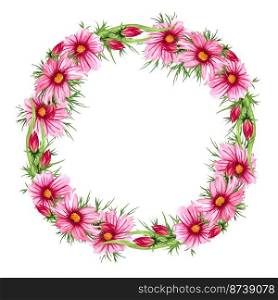 Watercolor floral wreath with cosmos flowers, leaves, foliage, branches, fern leaves, place for your text. Perfect for wedding, invitations, greeting cards, print. Round autumn&rsquo;s wildflowers frame.