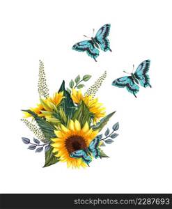 Watercolor floral wreath with sunflowers anf butterflies , leaves, foliage and place for your text. Perfect for wedding, invitations, greeting cards, print. autumn&rsquo;s sunflowers bouquet.