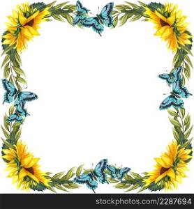 Watercolor floral wreath with sunflowers anf butterflies , leaves, foliage and place for your text. Perfect for wedding, invitations, greeting cards, print. Angled autumn&rsquo;s sunflowers frame.