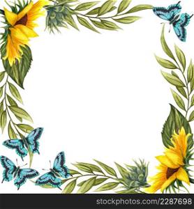 Watercolor floral wreath with sunflowers anf butterflies , leaves, foliage and place for your text. Perfect for wedding, invitations, greeting cards, print. Angled autumn&rsquo;s sunflowers frame.