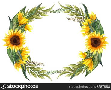 Watercolor floral wreath with sunflowers,leaves, foliage, branches, fern leaves and place for your text. Perfect for wedding, invitations, greeting cards, print. Round autumn&rsquo;s sunflowers frame.