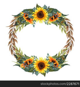 Watercolor floral wreath with sunflowers,leaves, foliage, branches, fern leaves and place for your text. Perfect for wedding, invitations, greeting cards, print. Round autumn&rsquo;s sunflowers frame.