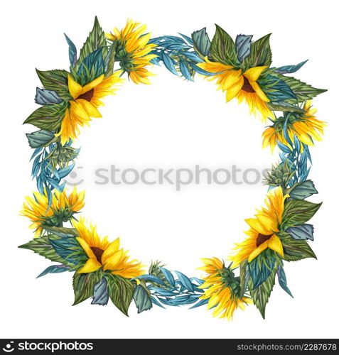 Watercolor floral wreath with sunflowers,leaves, foliage, branches, fern leaves and place for your text. Perfect for wedding, invitations, greeting cards, print. Round autumn&rsquo;s sunflowers frame.