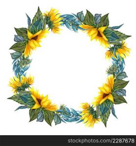 Watercolor floral wreath with sunflowers,leaves, foliage, branches, fern leaves and place for your text. Perfect for wedding, invitations, greeting cards, print. Round autumn&rsquo;s sunflowers frame.