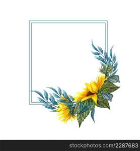 Watercolor floral wreath with sunflowers,leaves, foliage, branches, fern leaves and place for your text. Perfect for wedding, invitations, greeting cards, print. Angled autumn&rsquo;s sunflowers frame.