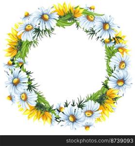Watercolor floral wreath with sunflowers, leaves, foliage, branches, fern leaves, place for your text. Perfect for wedding, invitations, greeting cards, print. Round autumn&rsquo;s wildflowers frame.. Watercolor floral wreath with chamomile flowers, leaves, foliage, branches, fern leaves, place for your text. Perfect for wedding, invitations, greeting cards, print. Round autumn&rsquo;s wildflowers frame.