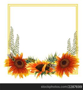 Watercolor floral wreath with sunflowers with a bee, leaves, foliage, branches,bee and place for your text. Perfect for wedding, invitations, greeting cards, print. Round autumn&rsquo;s sunflowers frame.