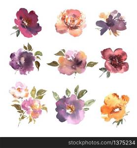 Watercolor flowers hand drawn colorful beautiful floral set with pink red blue blossom plant for cards prints and invitation. Vector illustration