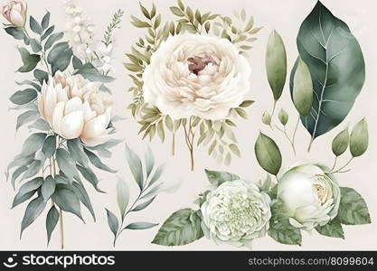 Watercolor flowers plants set on white background. Neural network AI generated art. Watercolor flowers plants set on white background. Neural network AI generated