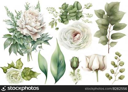 Watercolor flowers plants set on white background. Neural network AI generated art. Watercolor flowers plants set on white background. Neural network AI generated