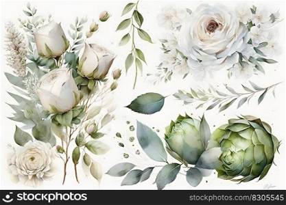 Watercolor flowers plants set on white background. Neural network AI generated art. Watercolor flowers plants set on white background. Neural network AI generated