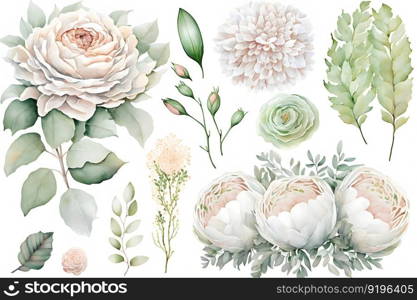 Watercolor flowers plants set on white background. Neural network AI generated art. Watercolor flowers plants set on white background. Neural network AI generated