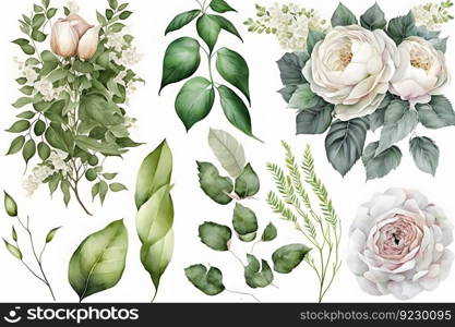 Watercolor flowers plants set on white background. Neural network AI generated art. Watercolor flowers plants set on white background. Neural network AI generated