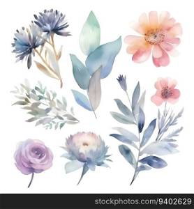 Watercolor flowers set. Hand painted floral elements isolated on white background.
