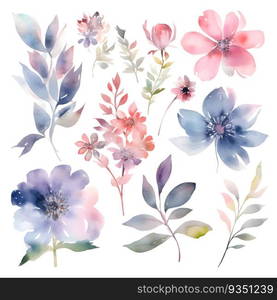 Watercolor flowers set. Hand painted illustration. Isolated on white background.