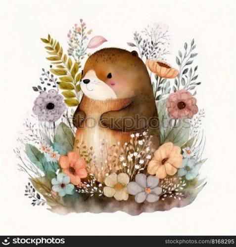 Watercolor forest cartoon isolated cute baby bear animal. Illustration Generative AI 
