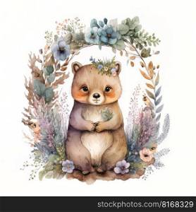 Watercolor forest cartoon isolated cute baby bear animal. Illustration Generative AI 