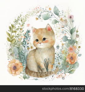 Watercolor forest cartoon isolated cute baby cat animal. Illustration Generative AI 