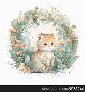 Watercolor forest cartoon isolated cute baby cat animal. Illustration Generative AI 