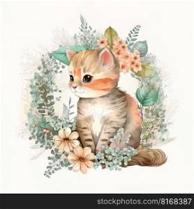Watercolor forest cartoon isolated cute baby cat animal. Illustration Generative AI 