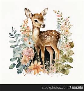 Watercolor forest cartoon isolated cute baby deer animal. Illustration Generative AI 