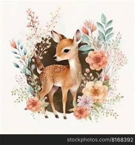 Watercolor forest cartoon isolated cute baby deer animal. Illustration Generative AI 