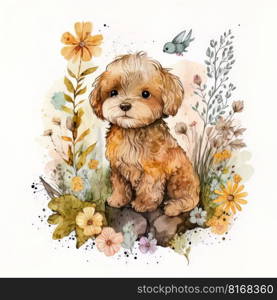 Watercolor forest cartoon isolated cute baby dog animal. Illustration Generative AI 