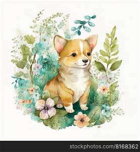 Watercolor forest cartoon isolated cute baby dog animal. Illustration Generative AI 