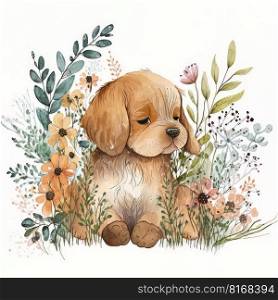 Watercolor forest cartoon isolated cute baby dog animal. Illustration Generative AI 