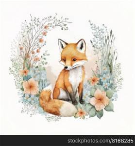 Watercolor forest cartoon isolated cute baby fox animal. Illustration Ge≠rative AI 
