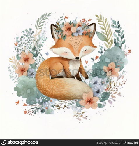 Watercolor forest cartoon isolated cute baby fox animal. Illustration Generative AI 