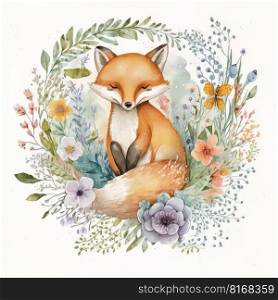 Watercolor forest cartoon isolated cute baby fox animal. Illustration Generative AI 