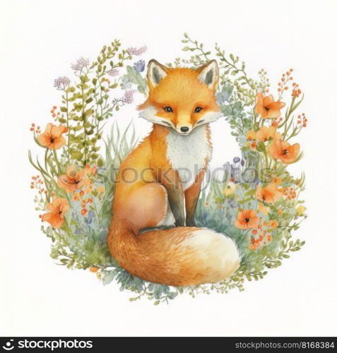 Watercolor forest cartoon isolated cute baby fox animal. Illustration Generative AI 