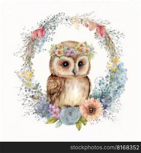 Watercolor forest cartoon isolated cute baby owl animal. Illustration Generative AI 