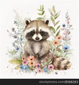 Watercolor forest cartoon isolated cute baby raccoon animal. Illustration Generative AI 