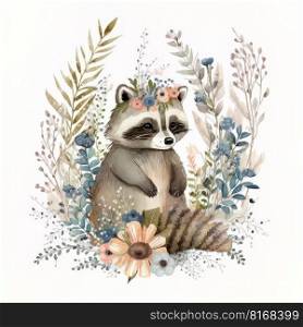 Watercolor forest cartoon isolated cute baby raccoon animal. Illustration Generative AI 