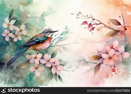 watercolor forest scene with bird on a branch, surrounded by blooming flowers, created with generative ai. watercolor forest scene with bird on a branch, surrounded by blooming flowers