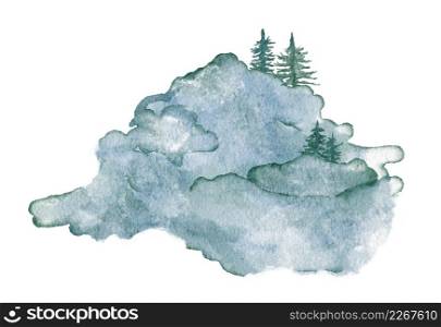 Watercolor forest tree and mountines. Hand drawn pine trees illustration.